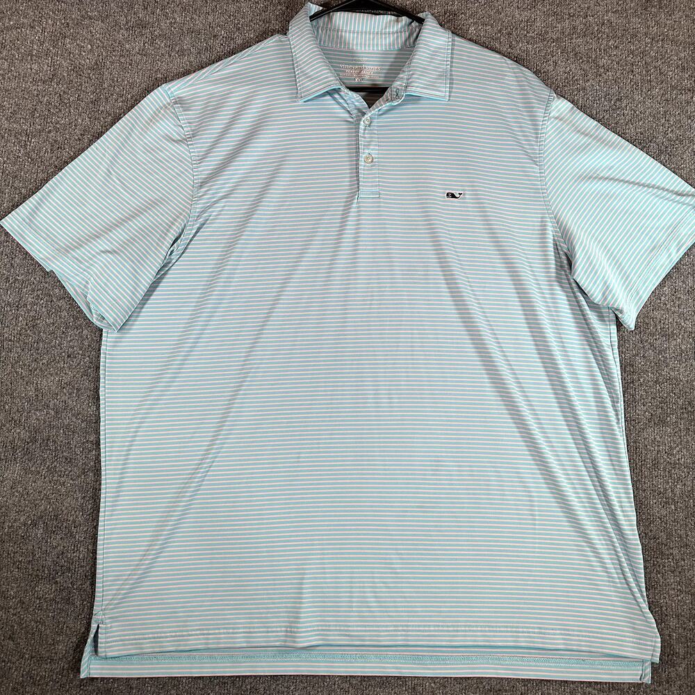 Vineyard Vines Performance Polo Men’s XXL Aqua Pink Stripe Golf Shirt Whale